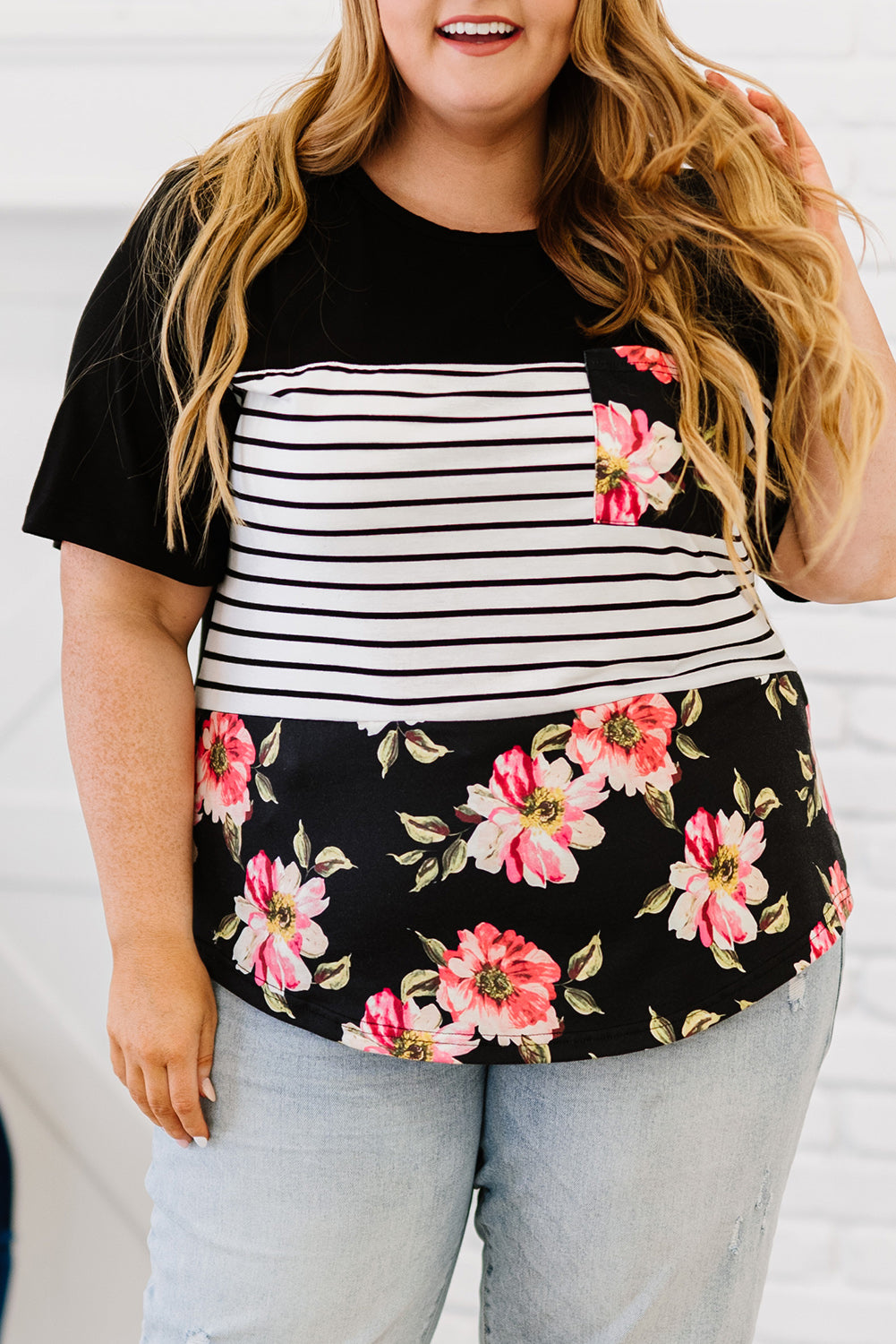 Stripe Floral Casual Splicing Block Plus Size Top *