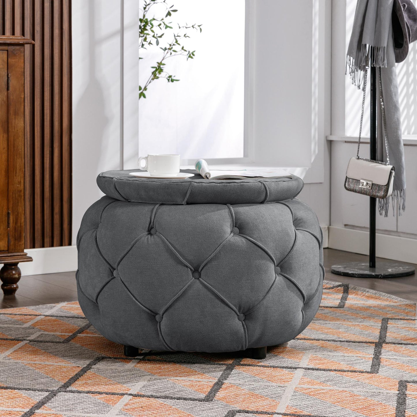 Large Button Tufted Woven Round Storage Footstool