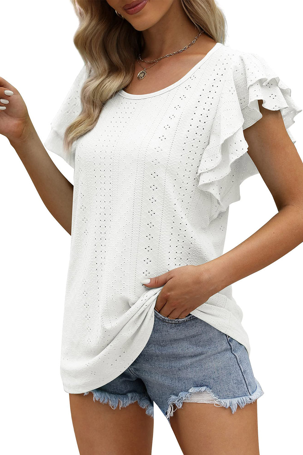 Eyelet Textured Ruffle Short Sleeve Blouse *