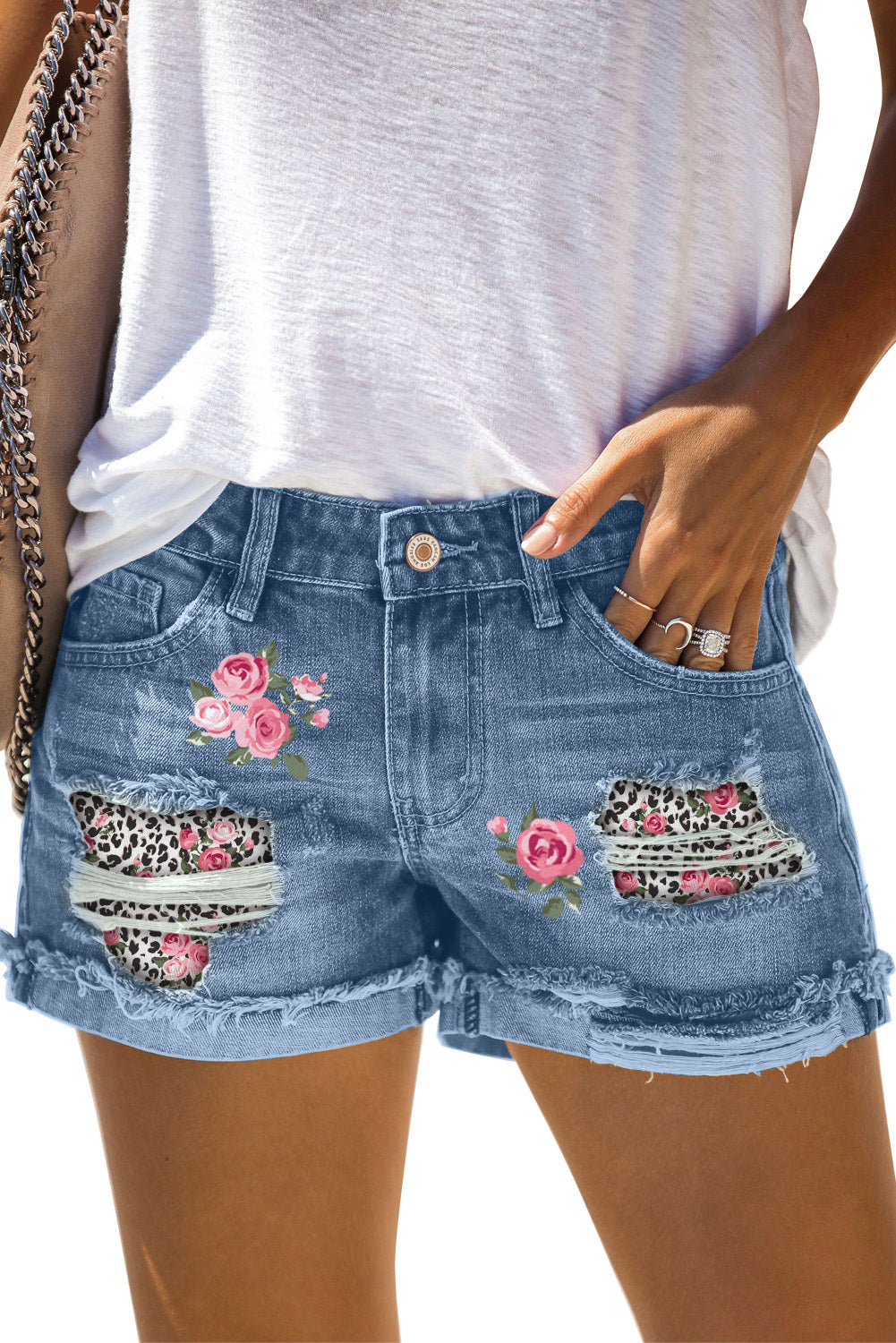 Light Blue Casual Ripped Rolled Hem Denim Shorts