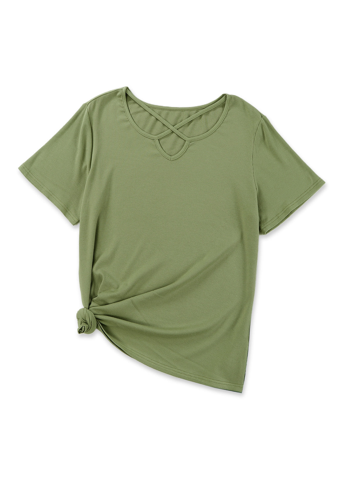 Army Green Casual Crisscross Ribbed Knit  Plus Size Tee *