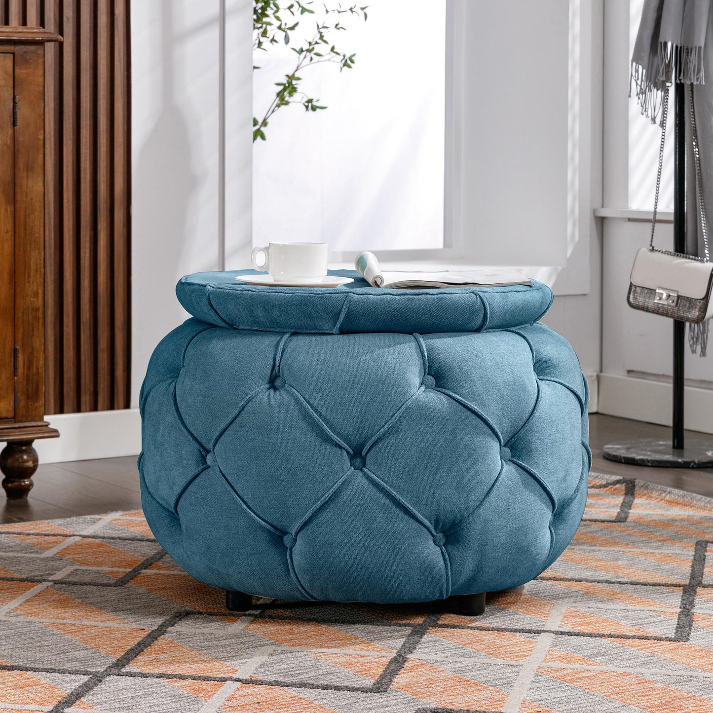 Large Button Tufted Woven Round Storage Footstool