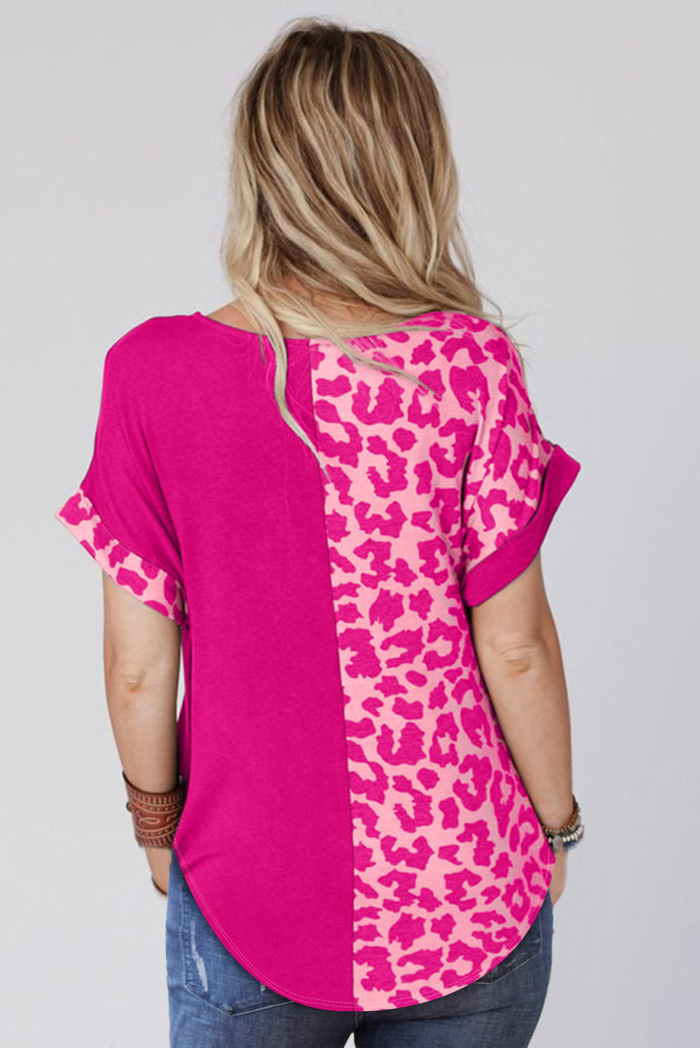 Rosy Leopard Print Top Color Block Rolled Up Sleeve Casual T Shirt