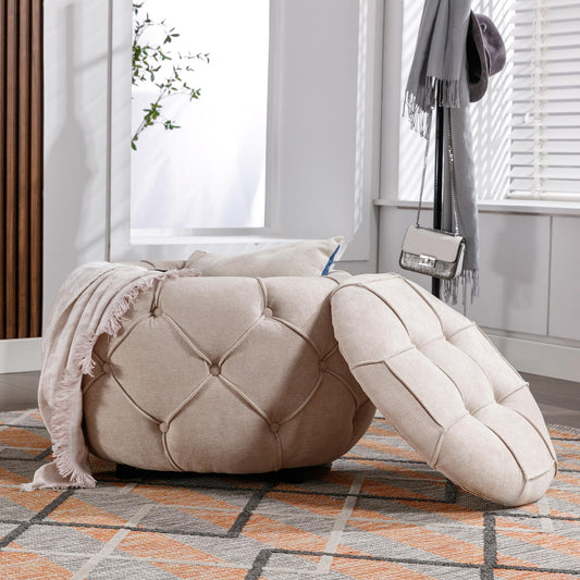 Large Button Tufted Woven Round Storage Footstool