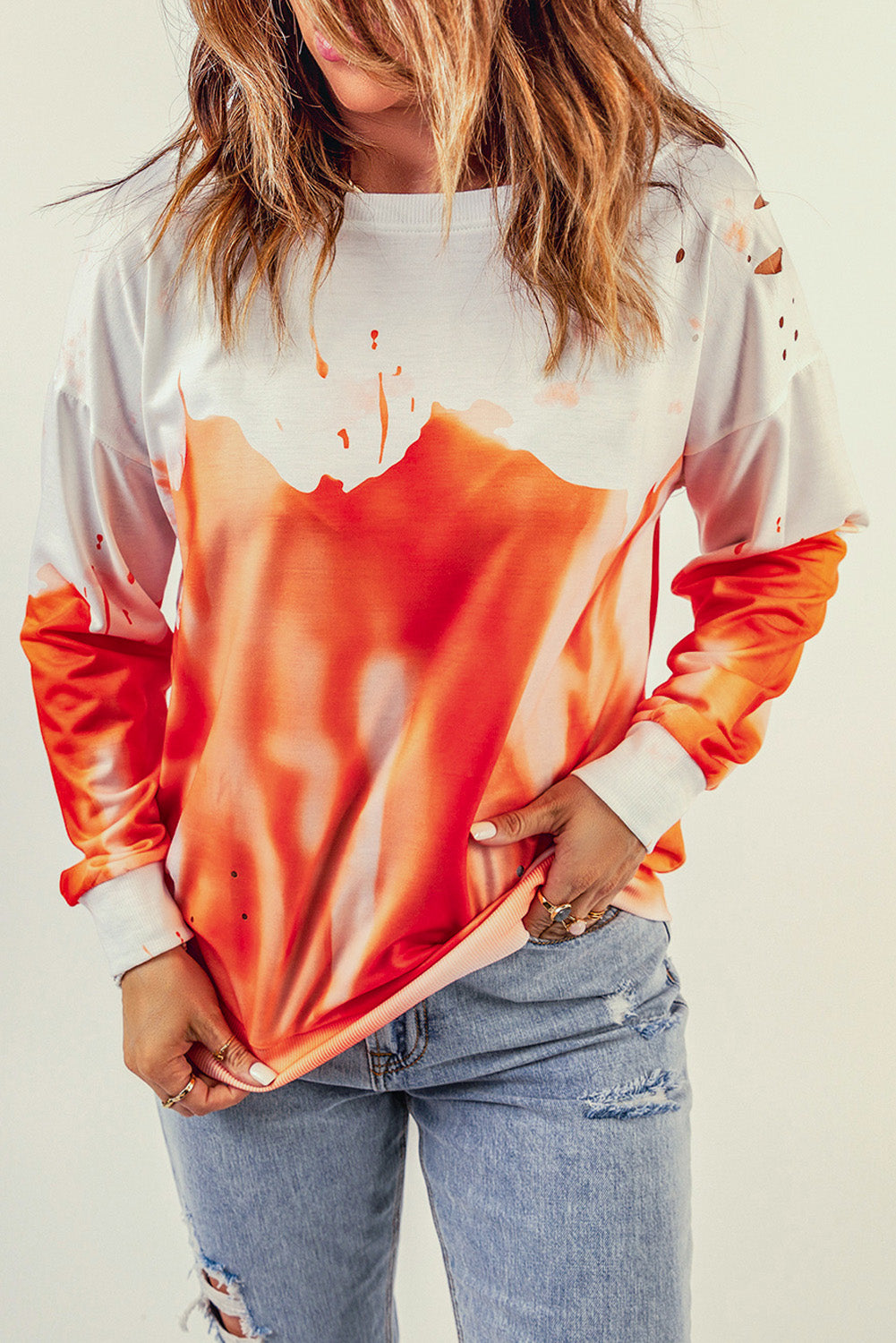 Orange and White Pullover Tie Dye Sweatshirt for Women *